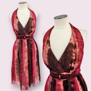 Y2K Kay Unger Silk Dress 14 Halter Fairy Grunge Plunge Cocktail Party Midi Vixen